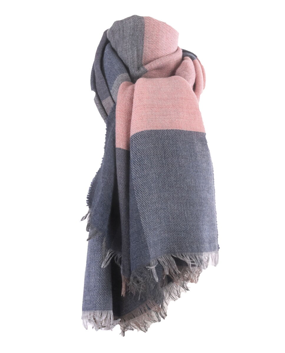 Fijn geweven sjaal met kleurvlakken in lichtroze en jeansblauw