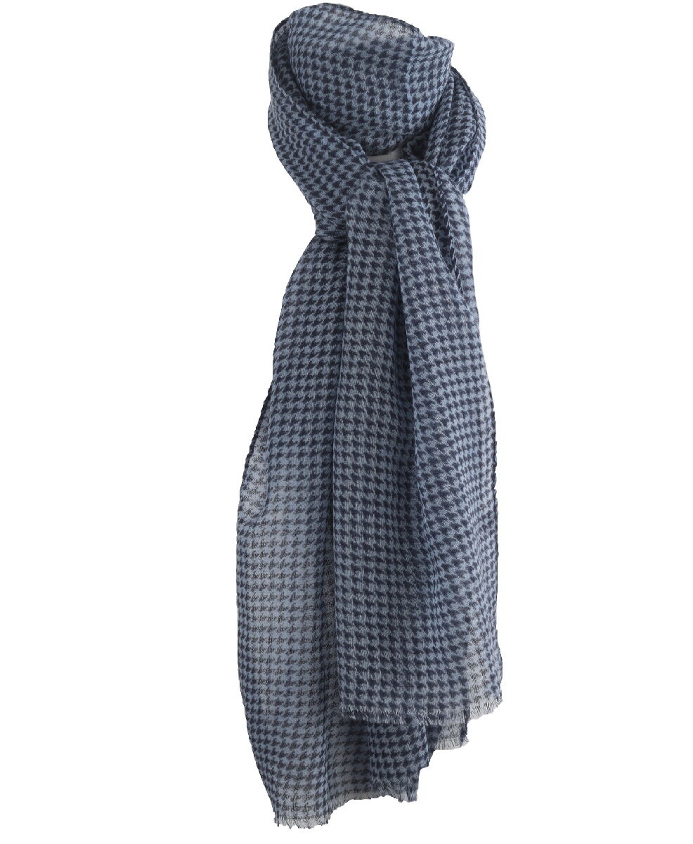 Luchtige lichtblauwe wollen mousseline sjaal met ornament print