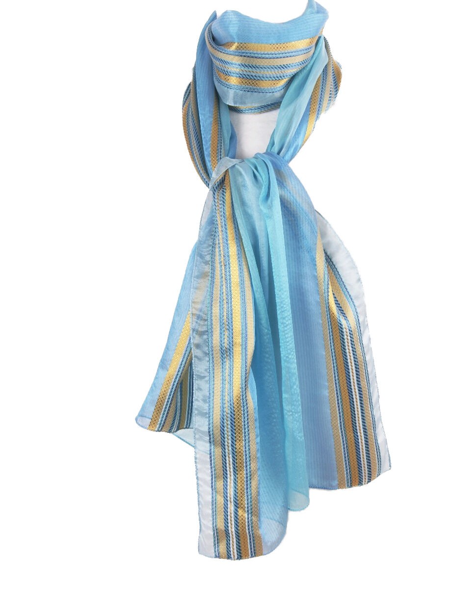 Turquoise voile sjaal met goudkleurige strepen