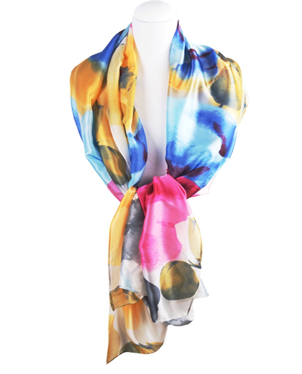 Zilvergrijze sjaal in zijdeblend met kleurrijke bloemenprint