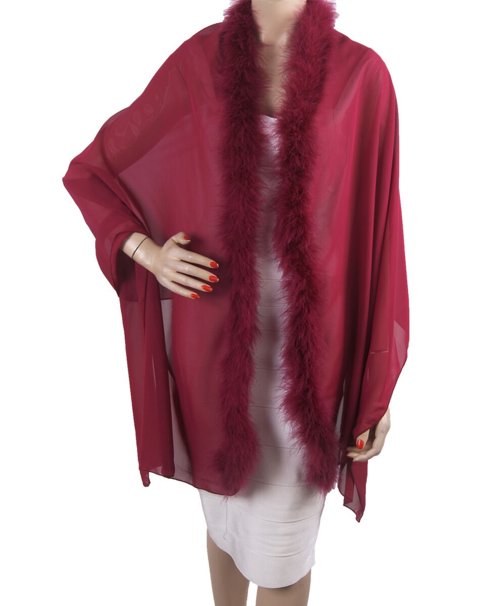 Framboosrode Crepe Voile Stola Met Maraboe Veren Rand huismerk kopen in de aanbieding