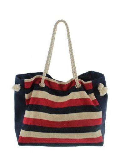 Strandtas met strepen in rood, ecru en blauw