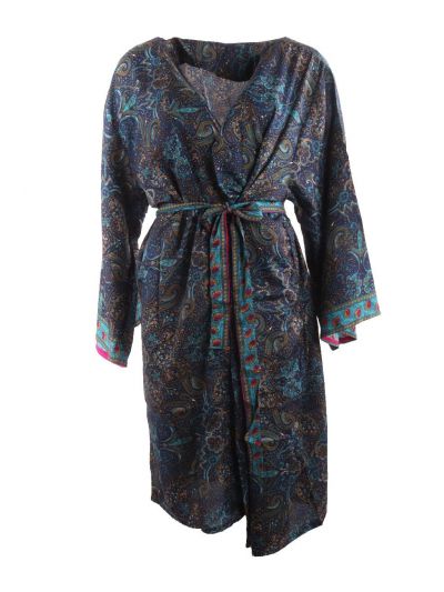 Zijde-blend kimono in donkerblauw met paisley print