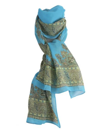 Turquoise-blauwe crêpe voile sjaal met paisley print