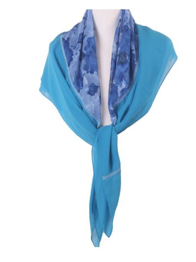 Turquoise - blauwe voile sjaal met gebloemd middenstuk