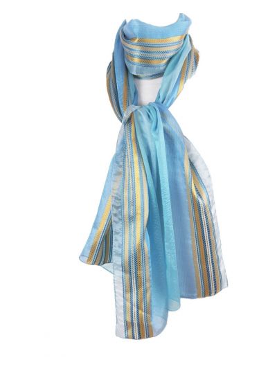 Turquoise voile sjaal met goudkleurige strepen