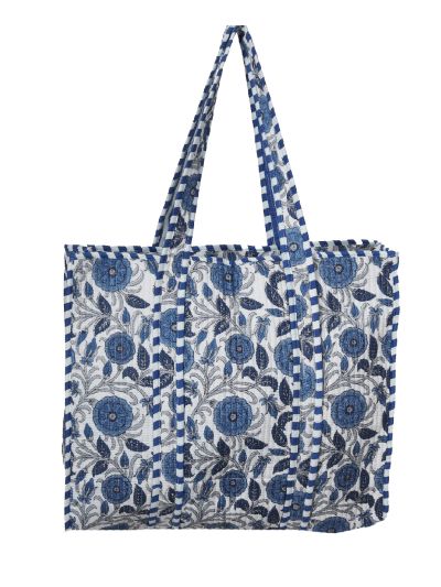 Gewatteerde schoudertas/shopper in blauw-ivoor