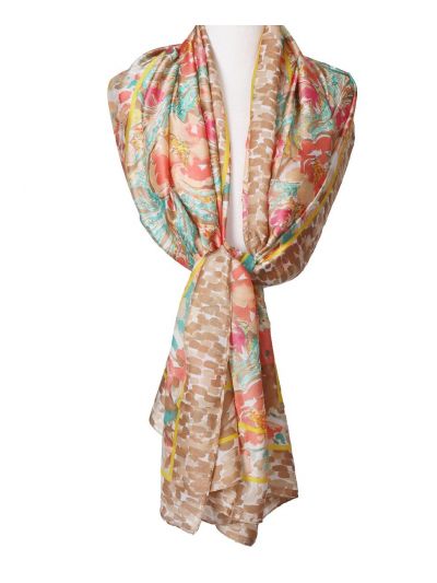 Zijde-blend sjaal in taupe met bloemenprint 