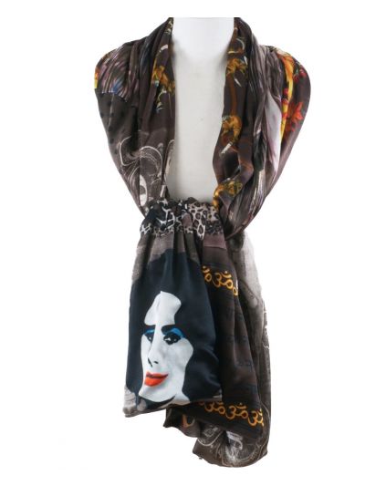 Donkerbruine zijden sjaal met patchwork print
