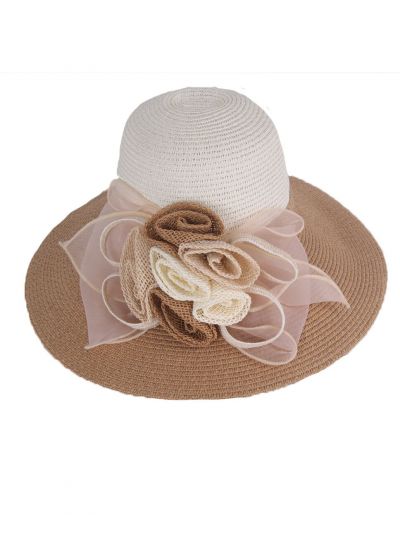 Ivoor-camel zonnehoed met bloemen en organza strik