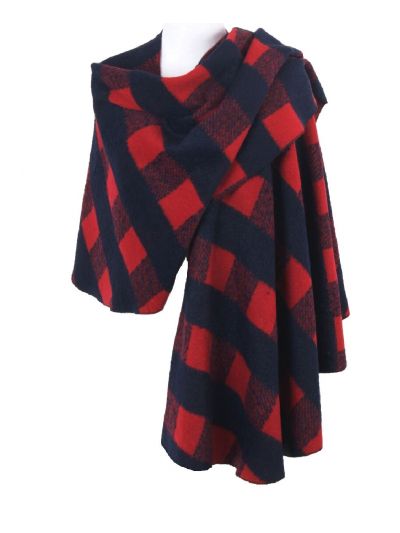 Donkerblauwe flausch-wollen omslagdoek /cape met ruiten