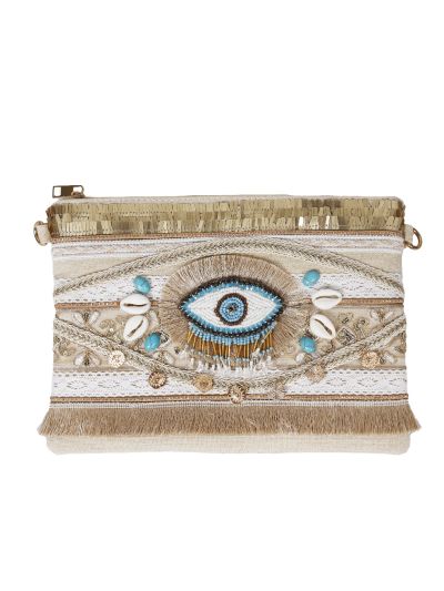 Clutch met geborduurde ''All eyes on you'' borduursel