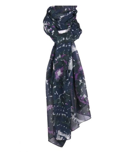 Donkergroene sjaal met print in donkerblauw en violet