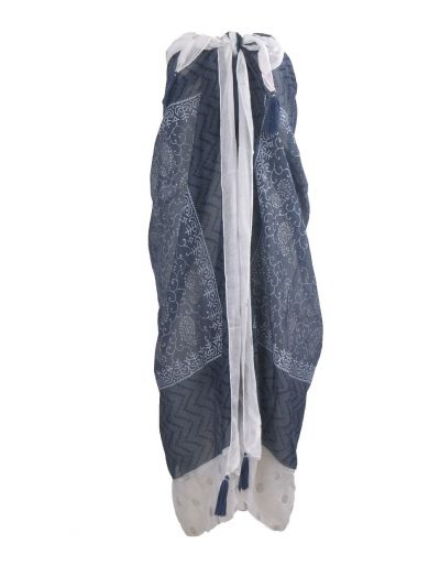 Donkerblauwe pareo met ornament- en stippenprint