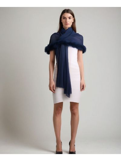 Donkerblauwe crêpe voile stola met maraboe veren rand