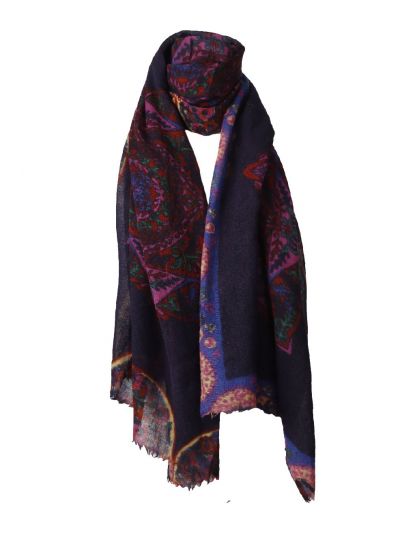 Donkerblauwe mousseline sjaal met ornamentprint