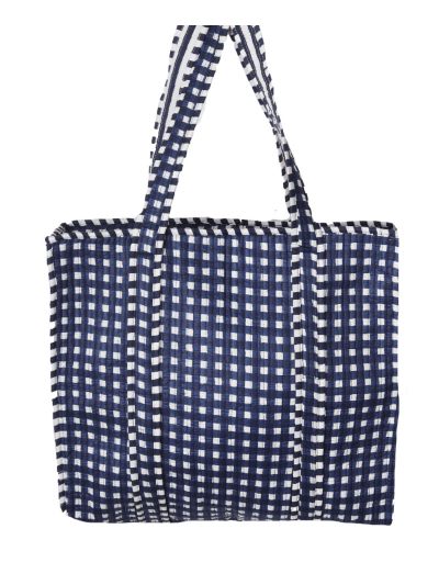 Gewatteerde schoudertas/shopper met ruitjes in donkerblauw