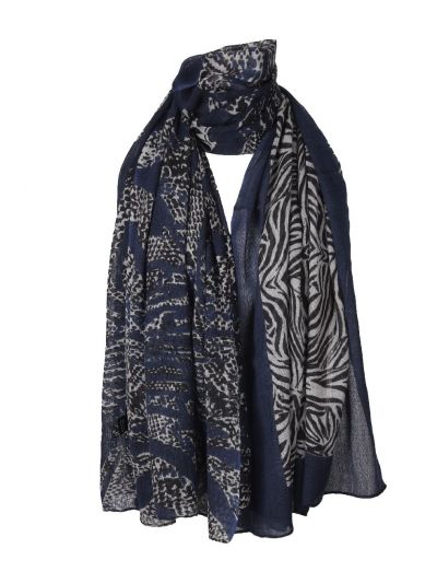Donkerblauwe wollen mousseline sjaal met zebra print