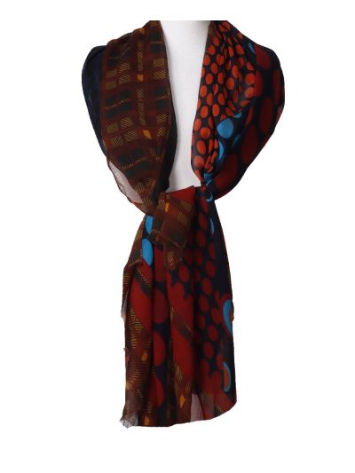 Donkerblauwe zijden stola/sjaal met mixed print