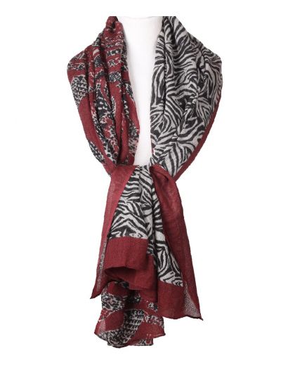 Donkerrode wollen mousseline sjaal met zebra print