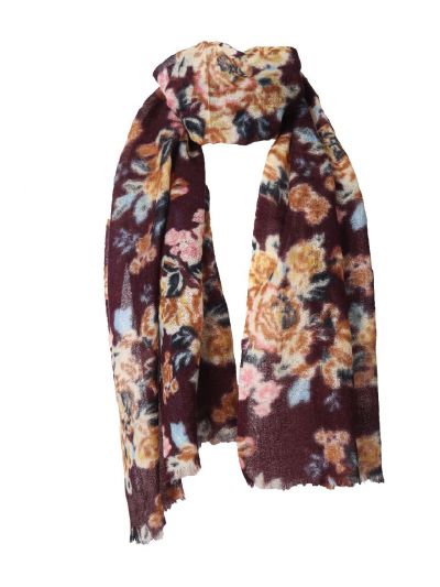 Donkerrode wollen sjaal met aquarel bloemenprint