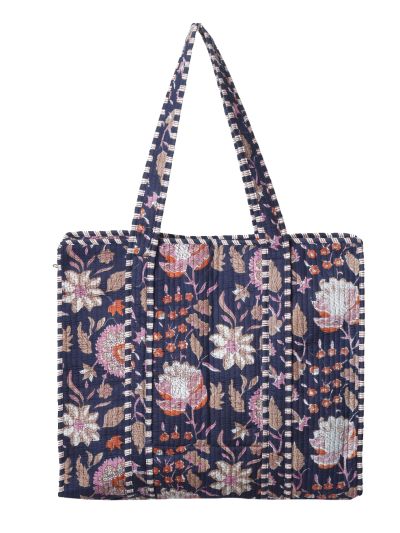 Gewatteerde shopper/schoudertas in marineblauw met bloemenprint