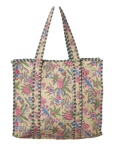 Gewatteerde shopper/schoudertas in lichtbeige met bloemenprint