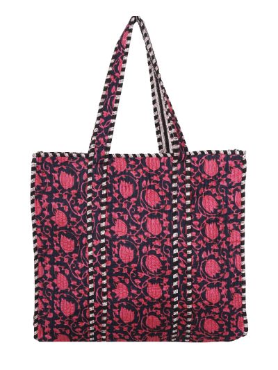 Gewatteerde schoudertas/shopper in donkerblauw met roze