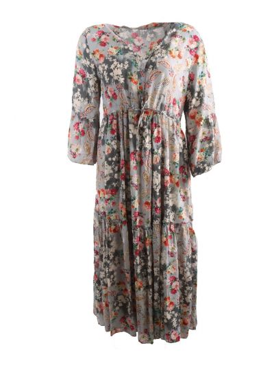 Grijze jurk met bloemen- en paisley print