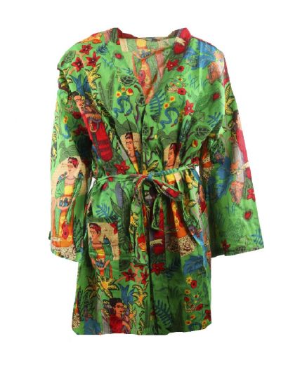 Korte limegroene katoenen kimono met Frida Kahlo print