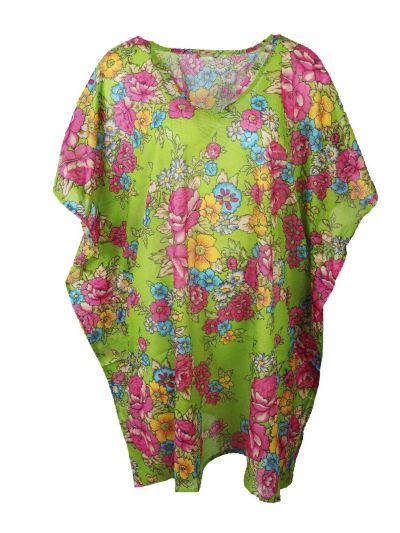 Korte limegroene katoenen kaftan met bloemenprint 