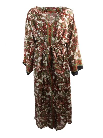 Lange zijde-blend kimono met paisley print groen-rood
