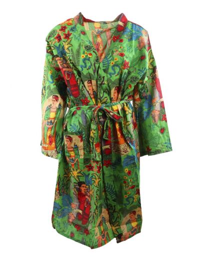 Limegroene katoenen kimono met Frida Kahlo print