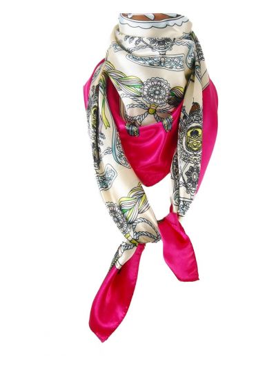 Ivoorkleurige sjaal met fuchsia-donkerblauw en kwasten print