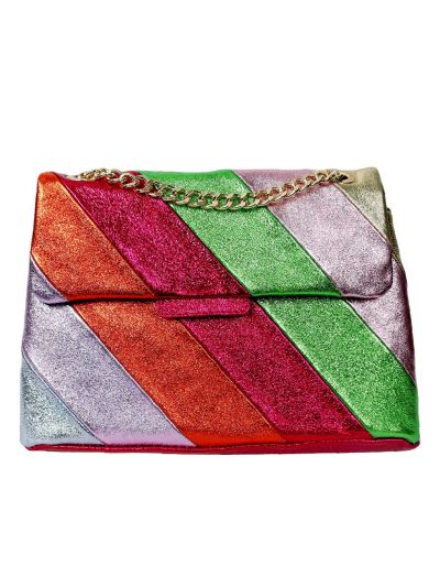 Leren hardroze metallic rainbow tas- XL