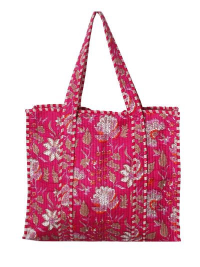 Gewatteerde shopper/schoudertas in hardroze met bloemenprint