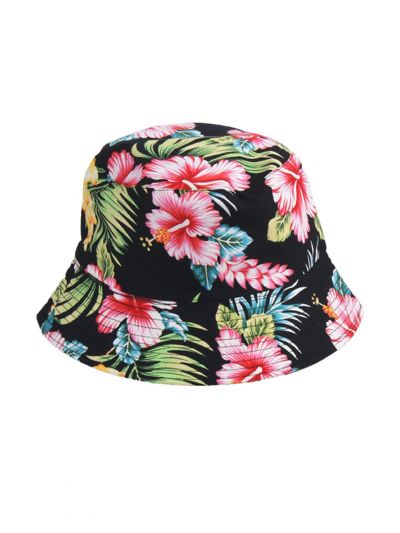 Zwarte zonnehoed met bloemenprint