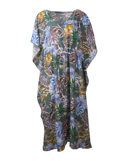 Jadegroene kaftanjurk met bloemenprint