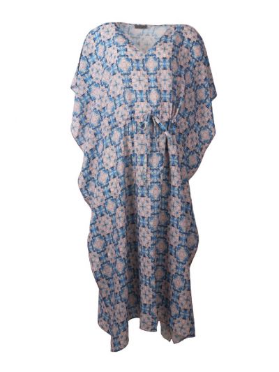 Kaftanjurk met ornament in blauw en beige