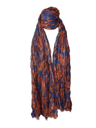 Katoenen sjaal in blauw met roest-oranje bloemen