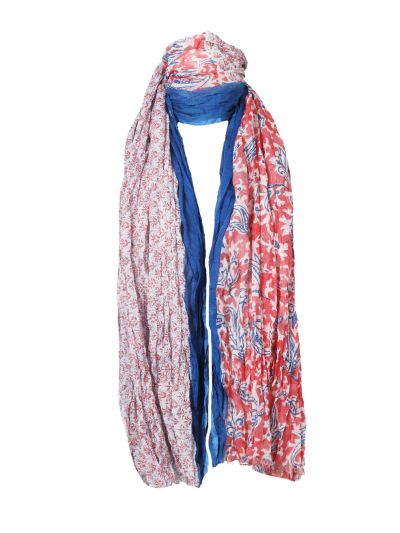 Katoenen sjaal met koraal-blauwe bloemenprint