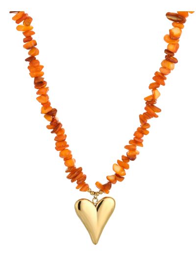 Oranje kralenketting in met hart hanger