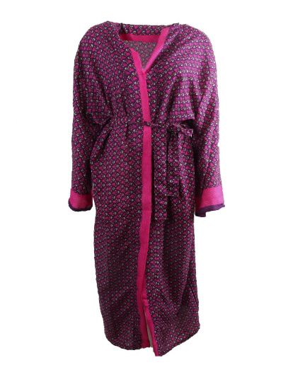 Lange zijde-blend kimono in donkerpaars met rozenprint 