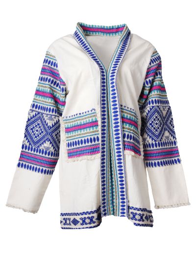 Korte kimono met borduursel in kobaltblauw