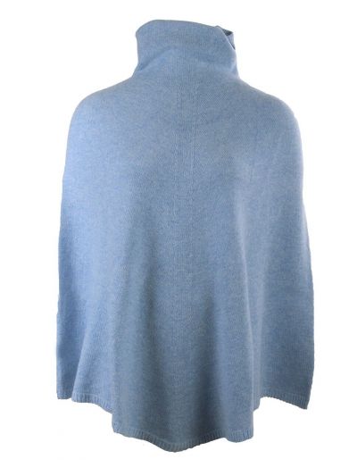 Lichtblauwe poncho met col van 100% kasjmier
