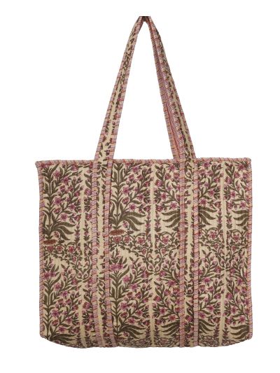 Gewatteerde schoudertas/shopper in lichtbeige met bloementjes