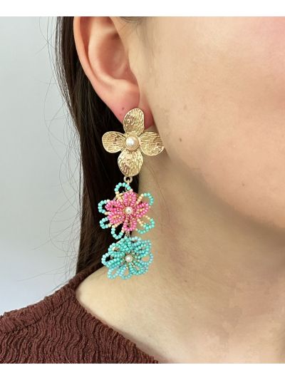 Lina oorbellen met bloemen in turquoise-roze