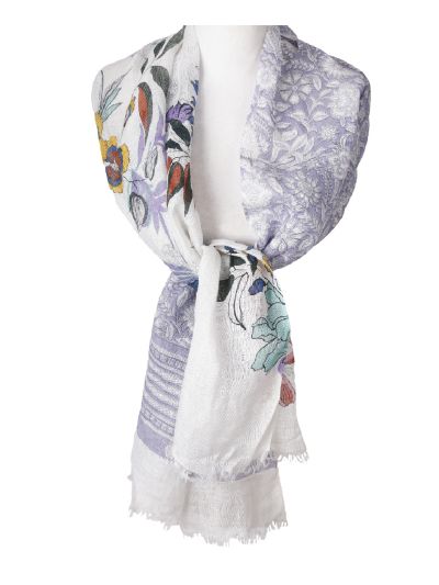 Linnen sjaal in wit met bloemen- en paisley print
