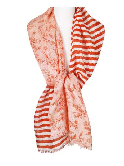 Linnen sjaal – strepen & floral print in oranje