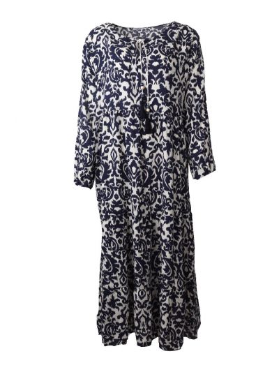 Lange jurk met donkerblauwe ornament print en kwastjes